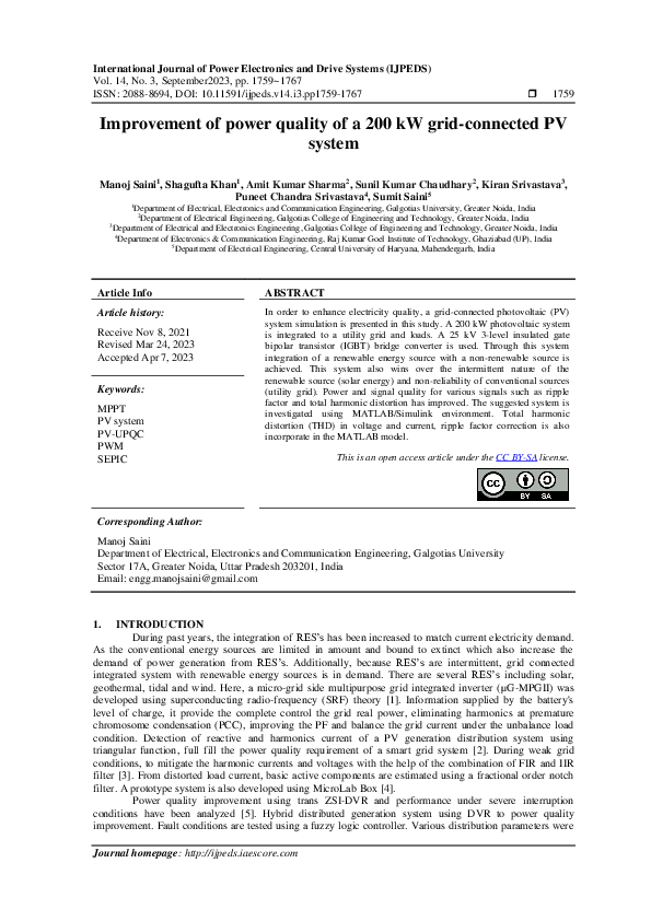 (PDF) Improvement of power quality of a 200 kW grid-connected PV system