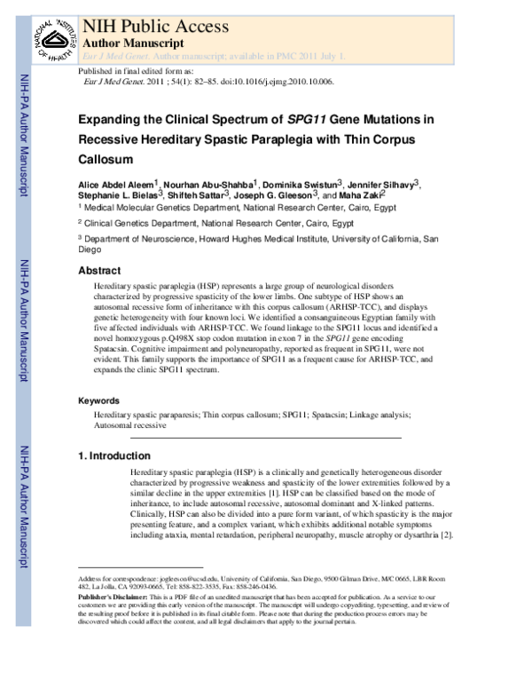 (PDF) Expanding the clinical spectrum of SPG11 gene mutations in ...