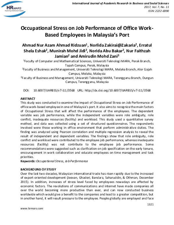 (PDF) Occupational Stress on Job Performance of Office Work-Based ...