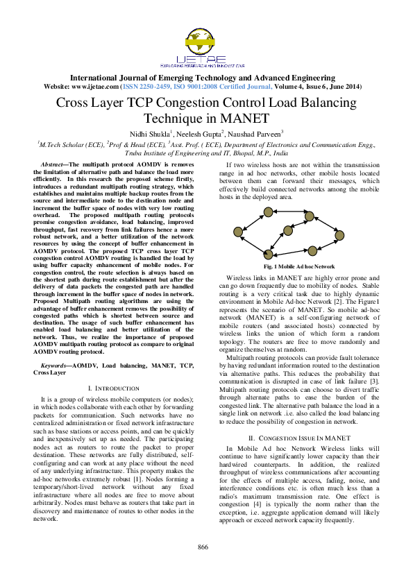 (PDF) Cross Layer TCP Congestion Control Load Balancing Technique in MANET