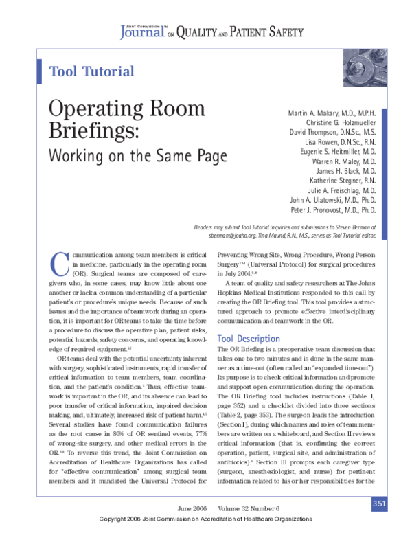 (PDF) Operating Room Briefings: Working on the Same Page