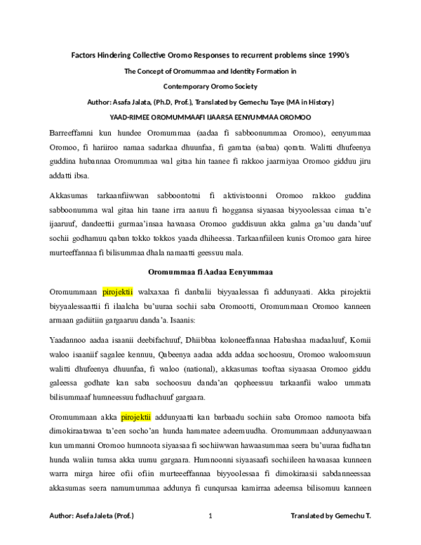 (PDF) Yaad-rimee Oromummaafi ijaarsa Eenyummaa Oromoo