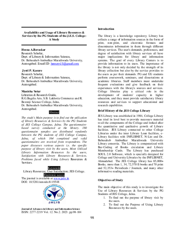(PDF) Availability and Usage of Library Resources & Services by the PG ...