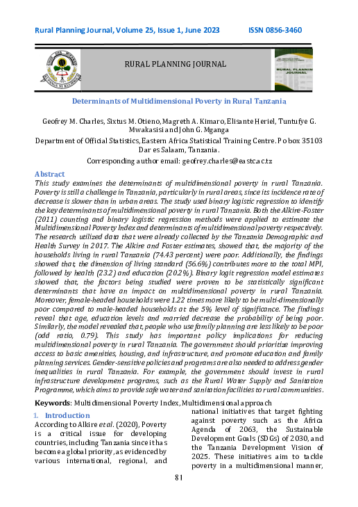 (PDF) Determinants of Multidimensional Poverty in Rural Tanzania