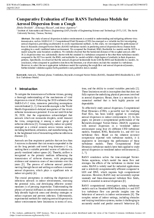 (PDF) Comparative Evaluation of Four RANS Turbulence Models for Aerosol ...