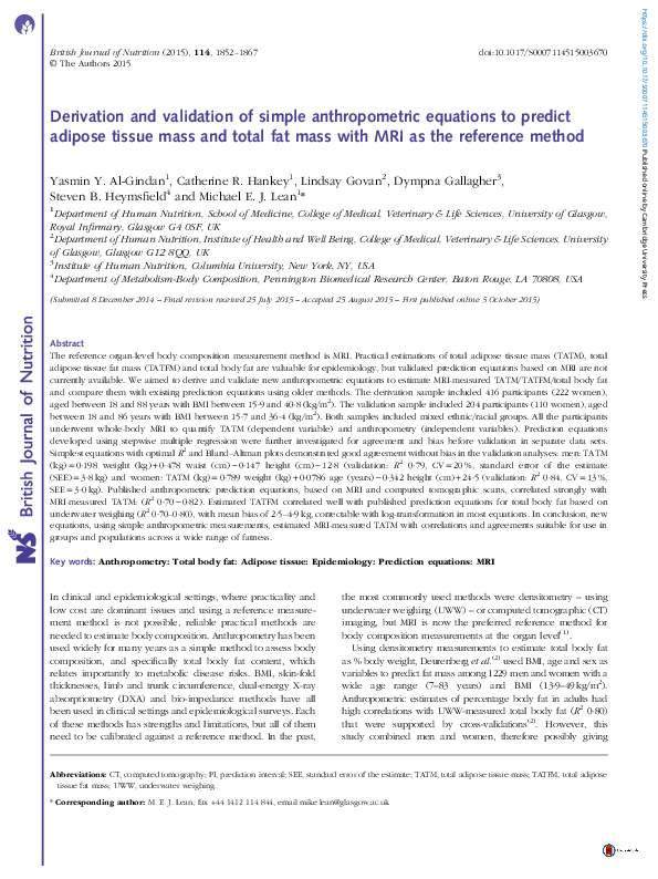 (PDF) Derivation and validation of simple anthropometric equations to ...