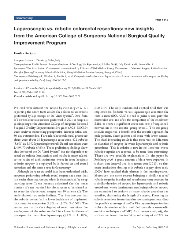 (PDF) Laparoscopic vs. robotic colorectal resections: new insights from ...