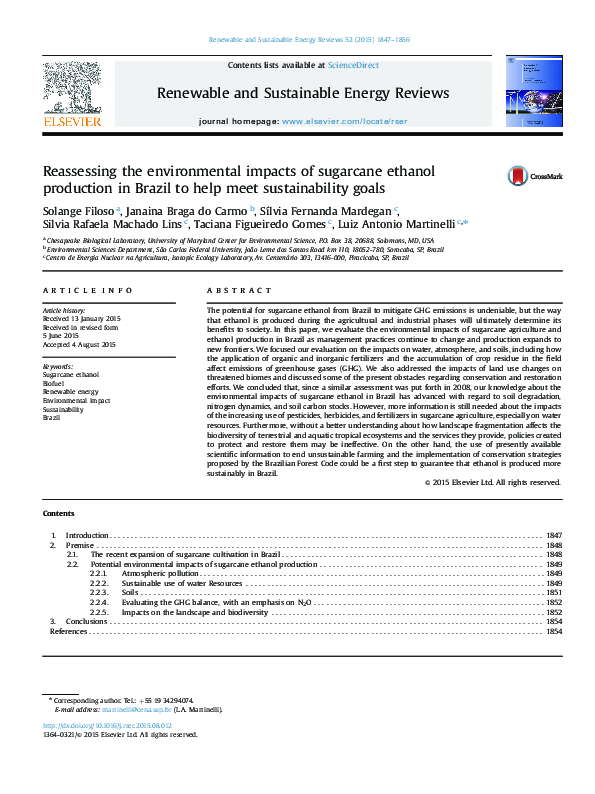 (PDF) Reassessing the environmental impacts of sugarcane ethanol ...