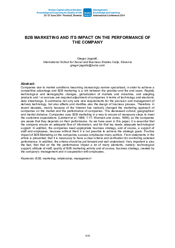 (PDF) B2B Marketing and its Impact on the Performance of the Company