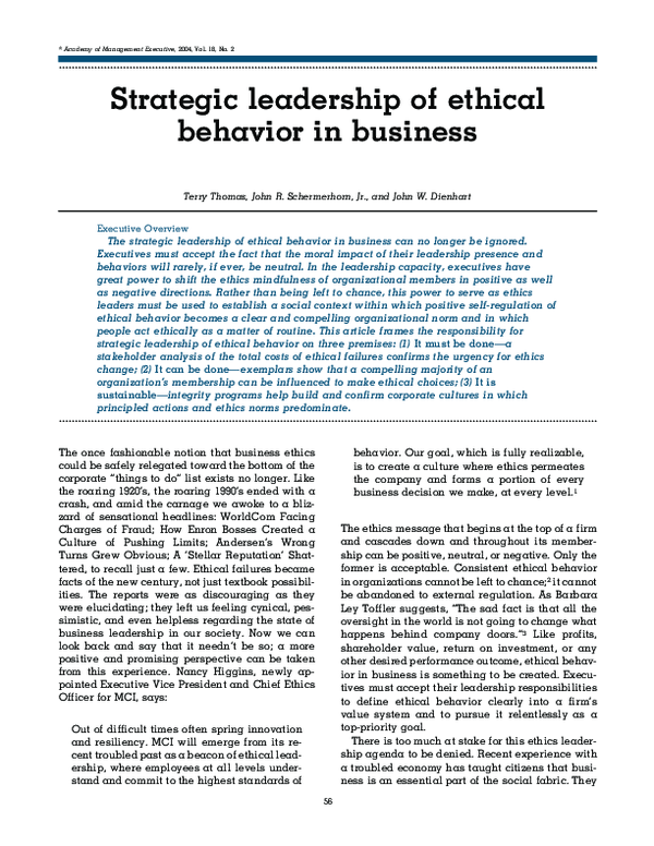 (PDF) Strategic leadership of ethical behavior in business