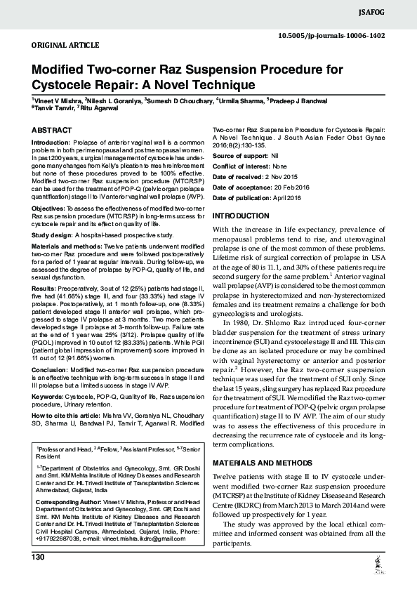 (PDF) Modified Two-corner Raz Suspension Procedure for Cystocele Repair ...