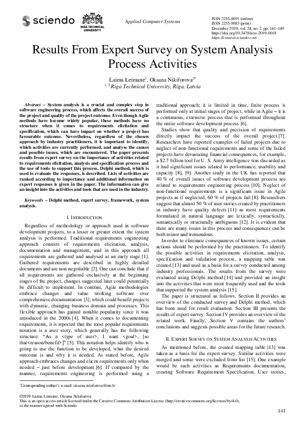 (PDF) Results From Expert Survey on System Analysis Process Activities