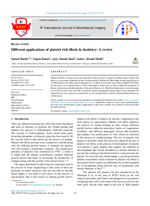 (PDF) Different applications of platelet rich fibrin in dentistry: A review