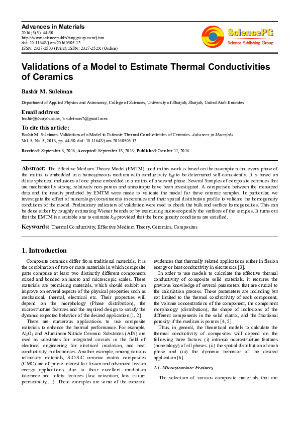(PDF) Validations of a Model to Estimate Thermal Conductivities of Ceramics