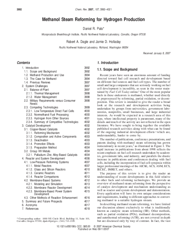 (PDF) Methanol Steam Reforming for Hydrogen Production