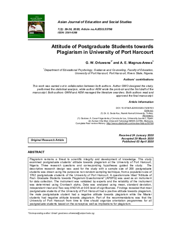(PDF) Attitude of Postgraduate Students towards Plagiarism in ...