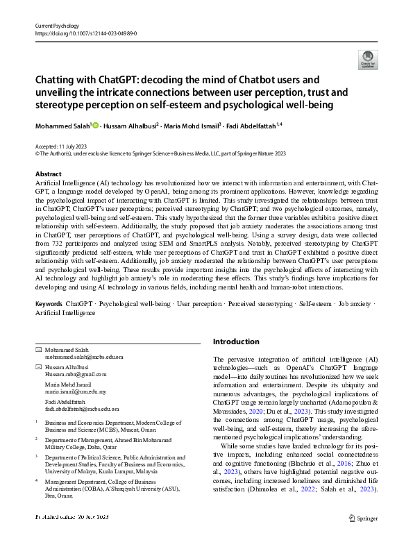 (PDF) Chatting with ChatGPT: decoding the mind of Chatbot users and ...