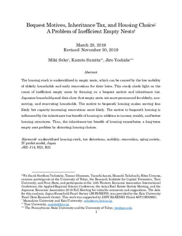 (PDF) Bequest Motives, Inheritance Tax, and Housing Choice: A Problem ...