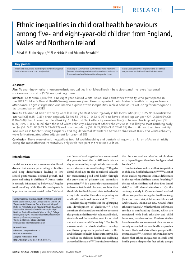 (PDF) Ethnic inequalities in child oral health behaviours among five ...