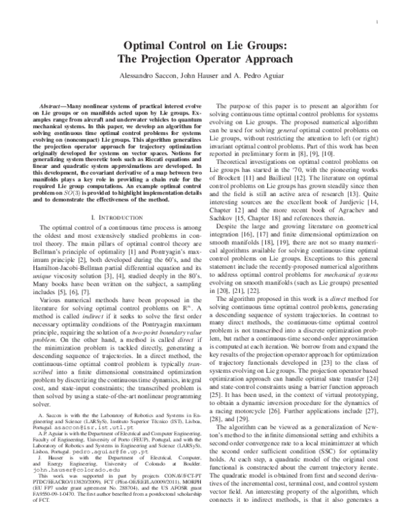 (PDF) Optimal Control on Lie Groups: The Projection Operator Approach