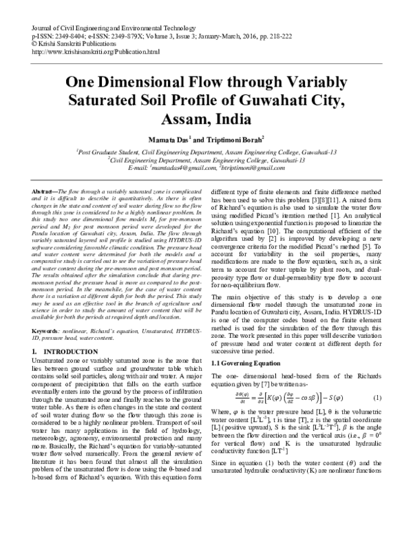(PDF) One Dimensional Flow through Variably Saturated Soil Profile of ...