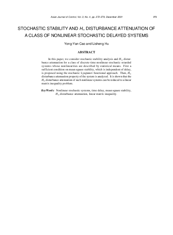 (PDF) Stochastic Stability and H∞ Disturbance Attenuation of A Class of ...