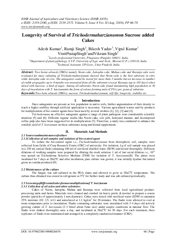 Longevity of Survival of Trichodermaharzianumon Sucrose added Cakes