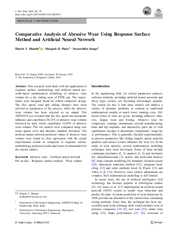 (PDF) Comparative Analysis of Abrasive Wear Using Response Surface Method and Artificial Neural