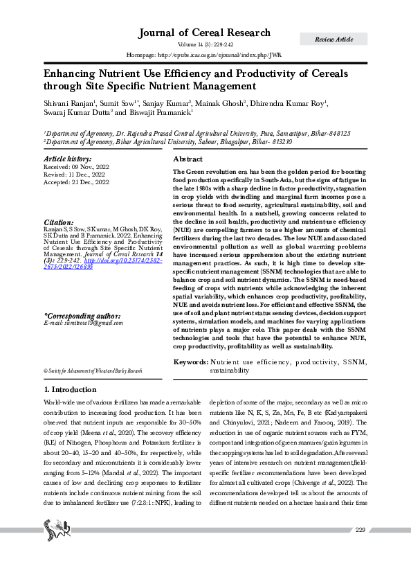 (PDF) Enhancing Nutrient Use Efficiency and Productivity of Cereals