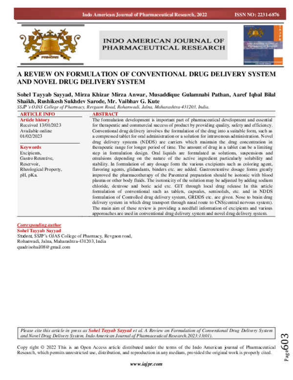 (PDF) A Review on Formulation of Conventional Drug Delivery System and ...