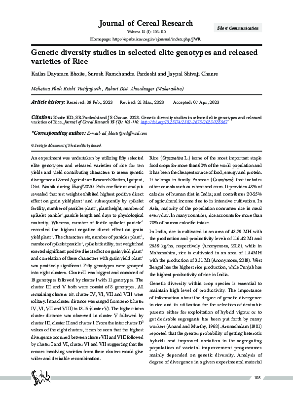 (PDF) diversity studies in selected elite genotypes and released varieties of Rice