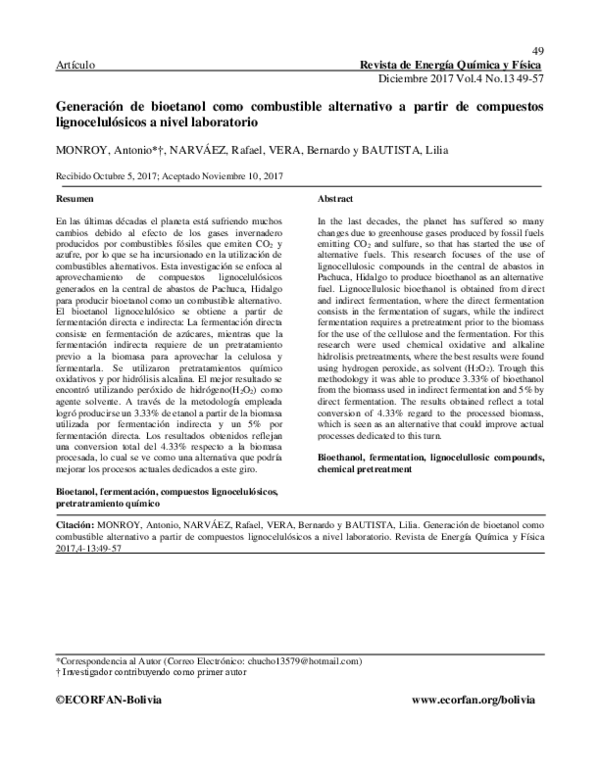 (PDF) Generación de bioetanol como combustible alternativo a partir de ...