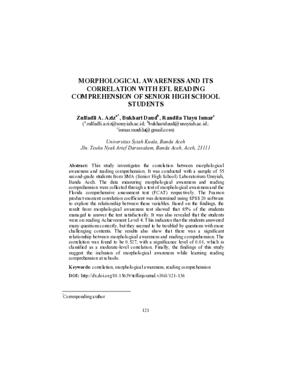 (PDF) Morphological Awareness and Its Correlation with Efl Reading