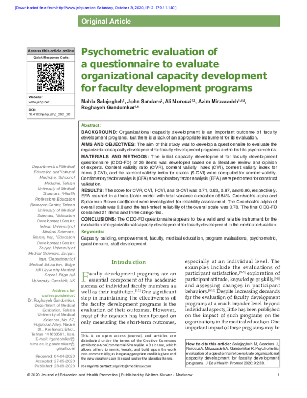 (PDF) Psychometric evaluation of a questionnaire to evaluate ...