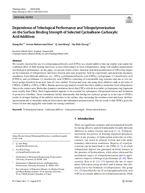 (PDF) Dependence of Tribological Performance and Tribopolymerization on ...