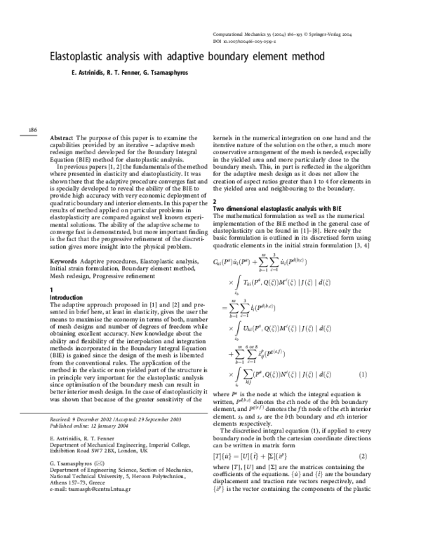 (PDF) Elastoplastic analysis with adaptive boundary element method