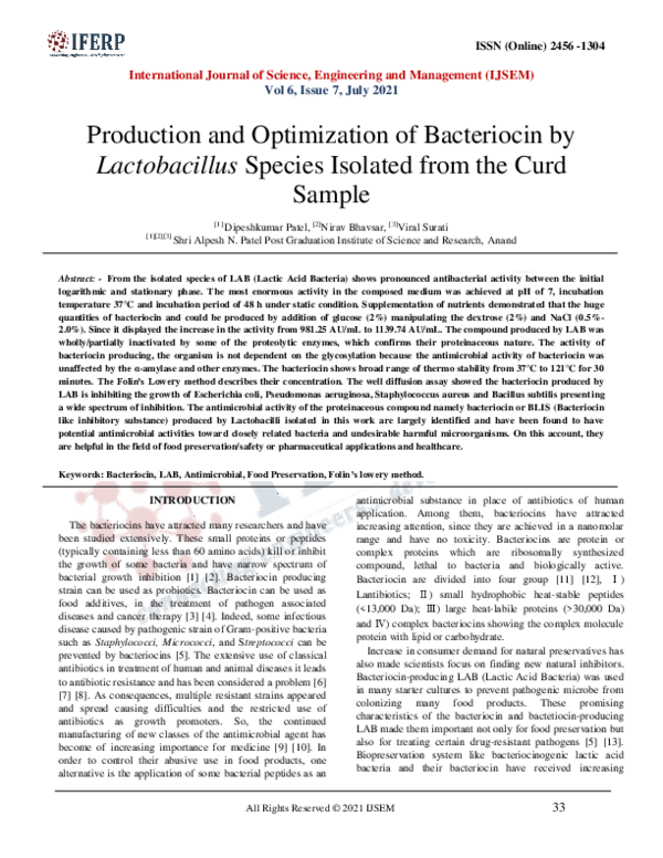 (PDF) Production and Optimization of Bacteriocin by Lactobacillus ...
