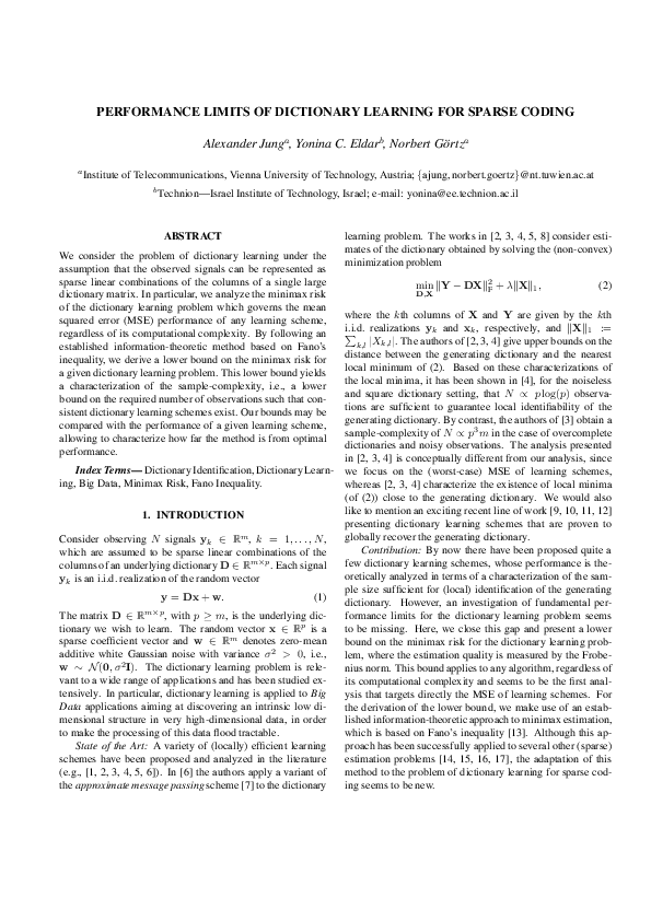 (PDF) Performance limits of dictionary learning for sparse coding