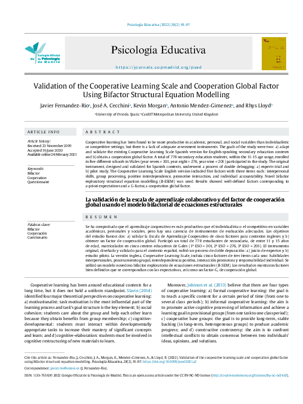 (PDF) Validation of the Cooperative Learning Scale and Cooperation ...