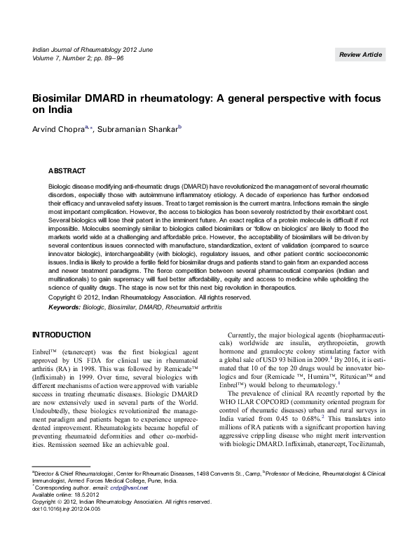 (PDF) Biosimilar DMARD in rheumatology: A general perspective with ...