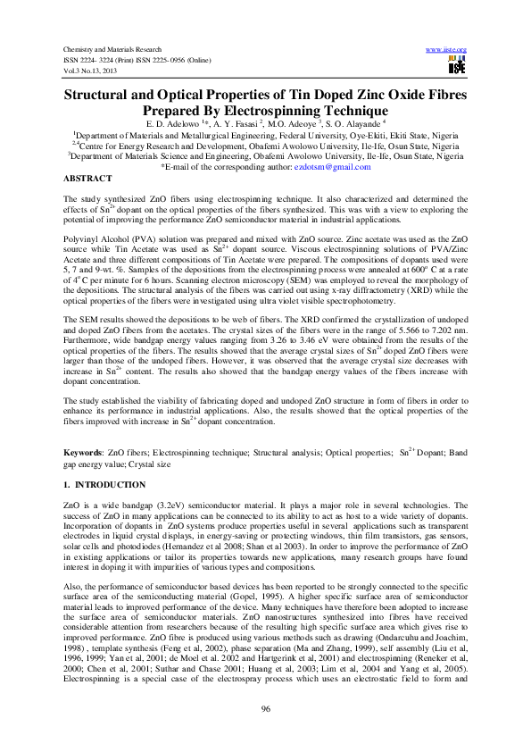 (PDF) Structural and Optical Properties of Tin Doped Zinc Oxide Fibres ...