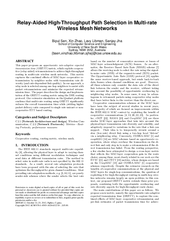 (PDF) Relay-aided high-throughput path selection in multi-rate wireless ...