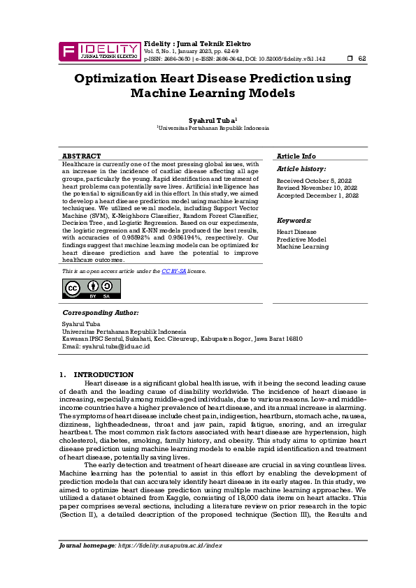 (PDF) Optimization Heart Disease Prediction using Machine Learning Models