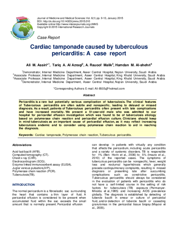 (PDF) Cardiac tamponade caused by tuberculous pericarditis A case