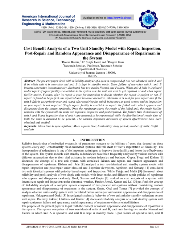 (PDF) Cost Benefit Analysis of a Two Unit Standby Model with Repair ...