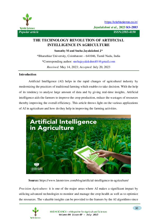 (PDF) THE TECHNOLOGY REVOLUTION OF ARTIFICIAL INTELLIGENCE IN AGRICULTURE