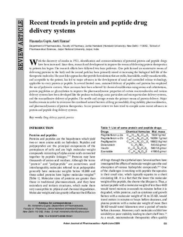 (PDF) Recent trends in protein and peptide drug delivery systems