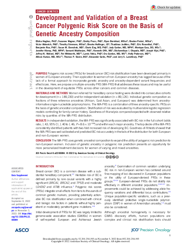 (PDF) Development and Validation of a Breast Cancer Polygenic Risk ...