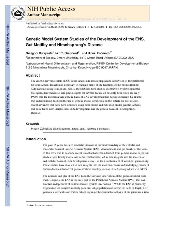 (PDF) Genetic model system studies of the development of the enteric ...