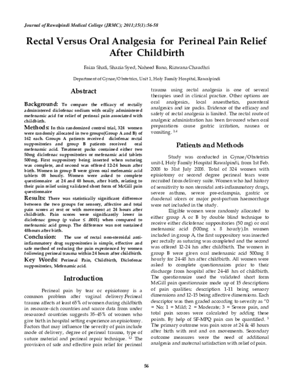 (PDF) Rectal Versus Oral Analgesia for Perineal Pain Relief After